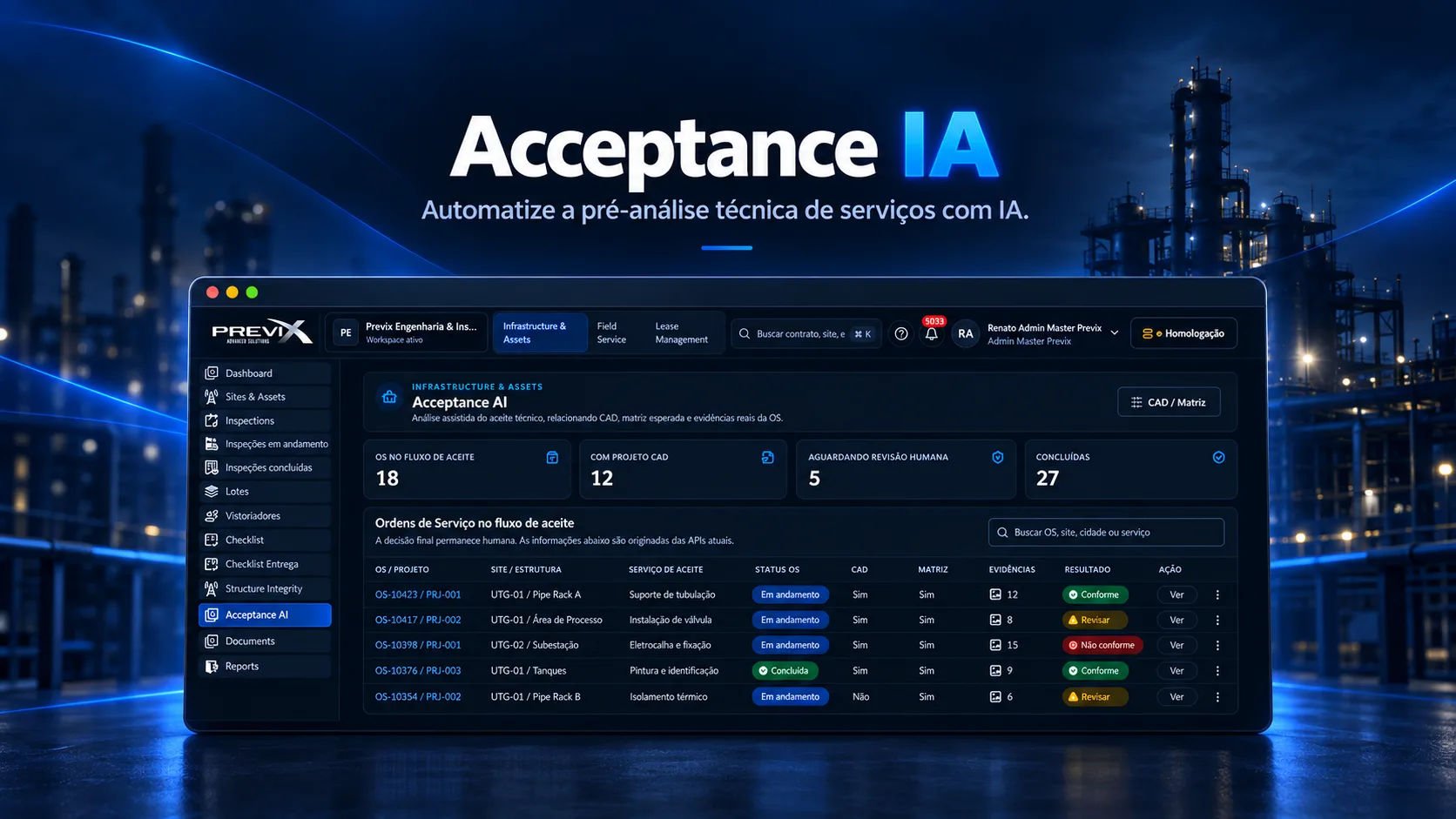 Acceptance AI relacionando projeto, checklist, fotos e documentos à validação humana