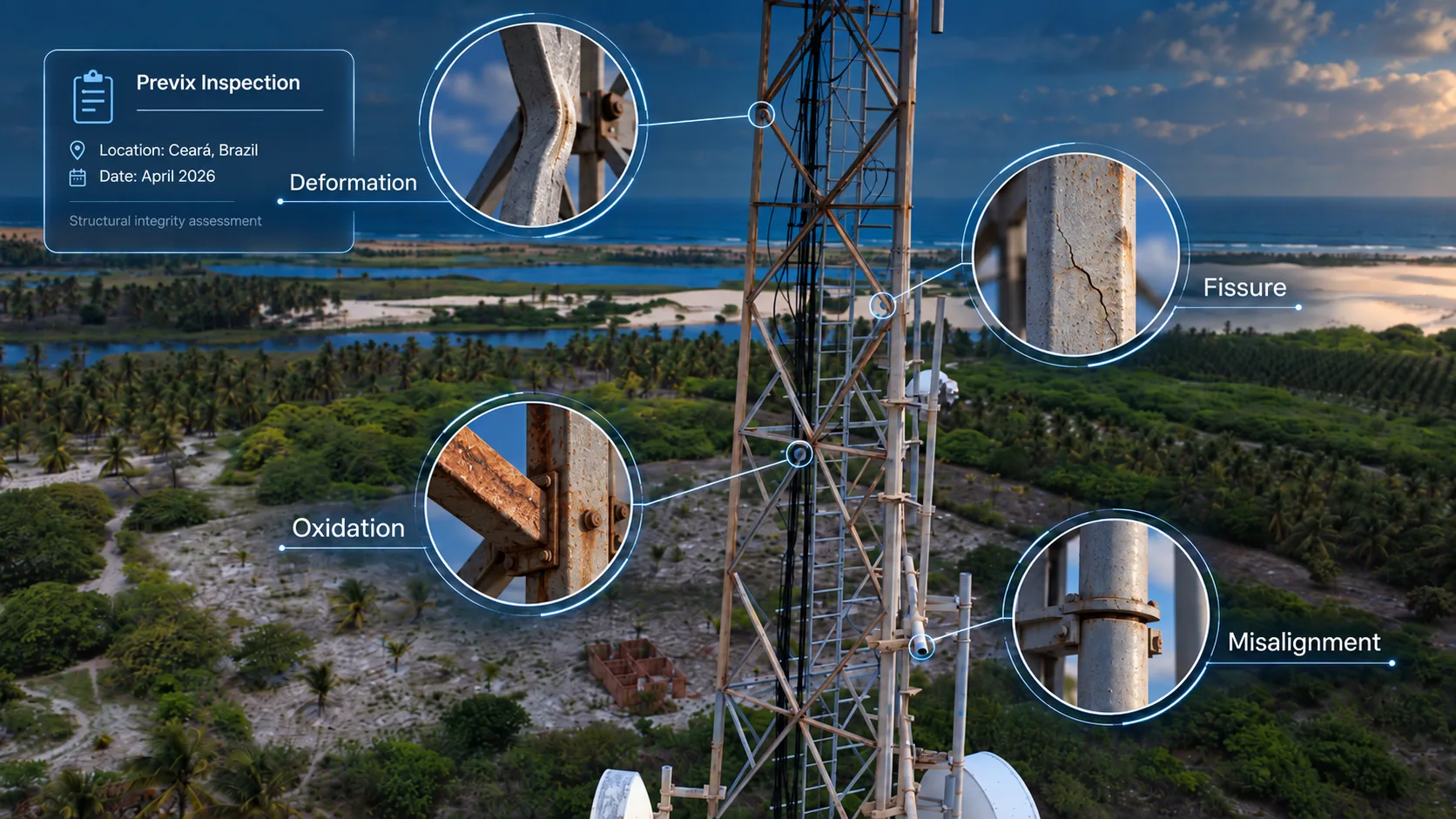 Torre de telecomunicações com pontos de inspeção visual