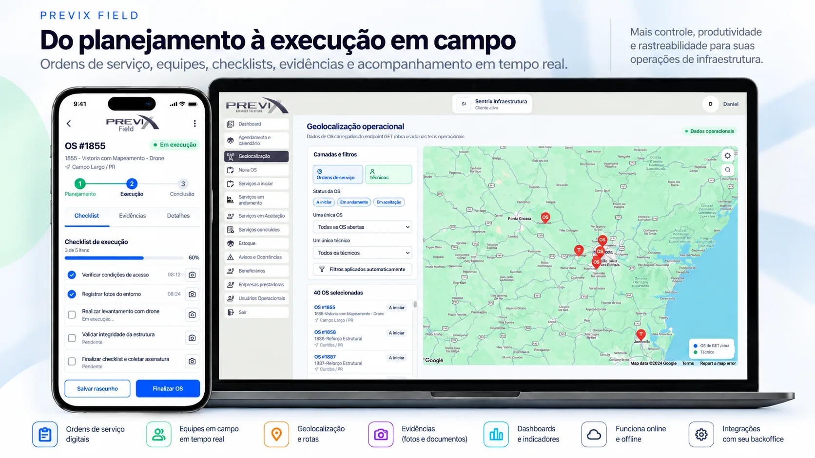 Previx Field com smartphone, checklist, ordem de serviço e geolocalização