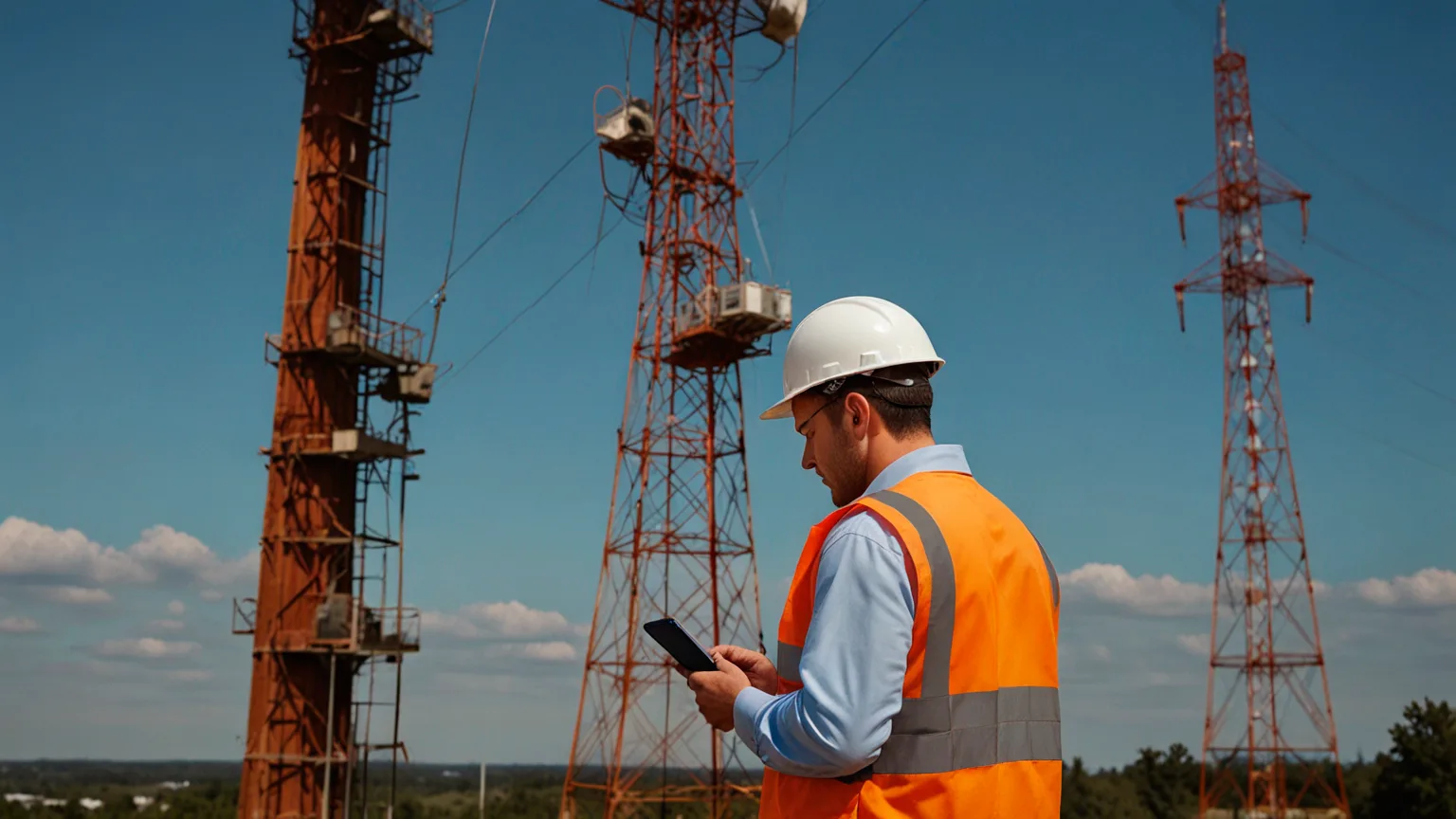 Profissional em campo acompanhando uma operação de infraestrutura com tablet