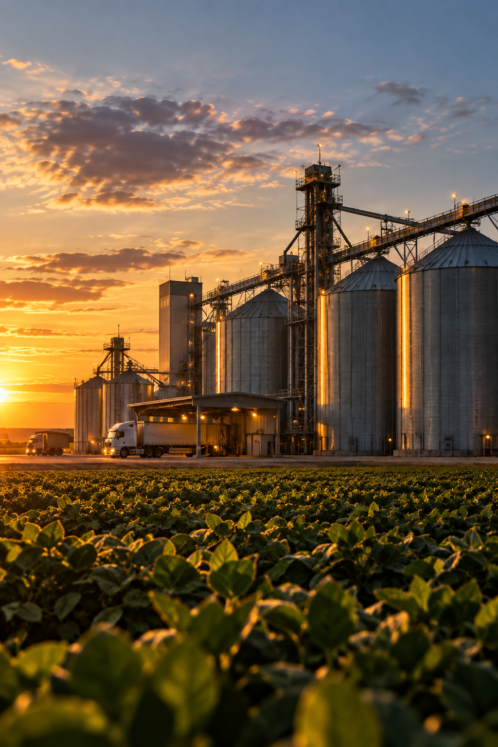 Complexo de silos e operação agrícola ao pôr do sol